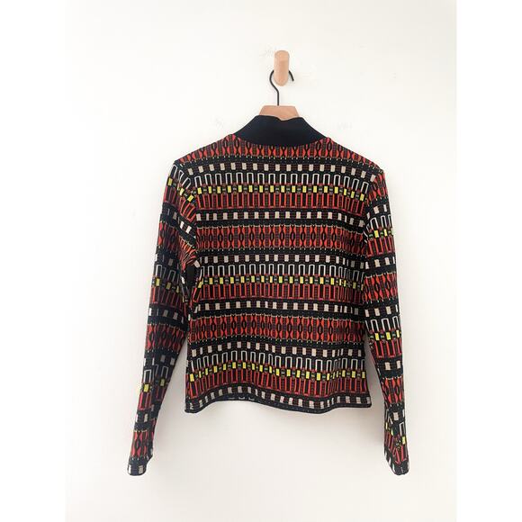 Zara Jacquard Geo Stripe Mock Neck Top Large Black Orange Retro 70s Long Sleeve - Picture 9 of 11